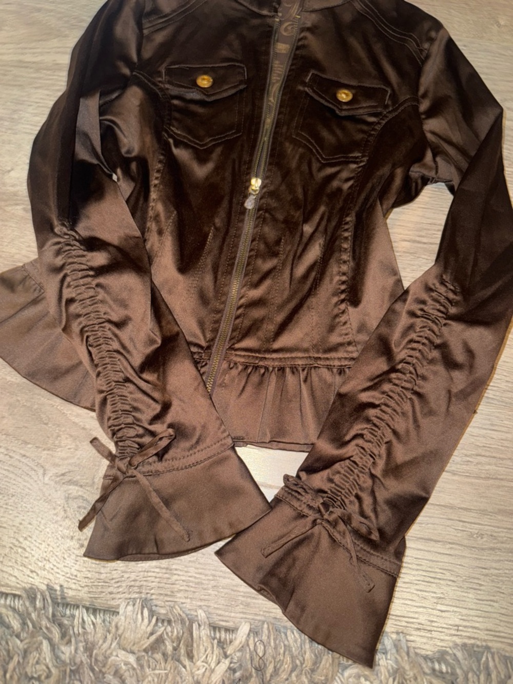 Vintage Hannah Montana Chocolate Brown Silky Zip Jacket w/ Bell Sleeves XL - Picture 3 of 12